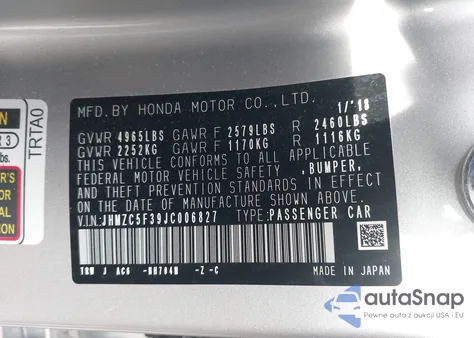 2018 Honda Clarity Plug-In Hybrid Touring из США, поврежденный, VIN JHMZC5F39JC006827